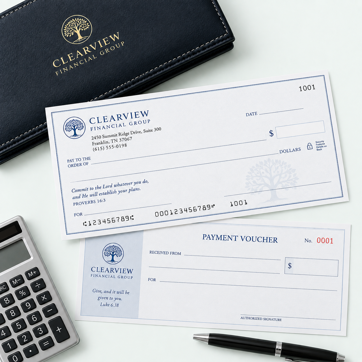 Custom printed checks and vouchers for business accounting workflows