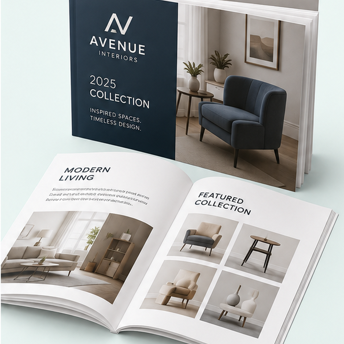Professionally printed product catalog and open booklet with premium full-color pages
