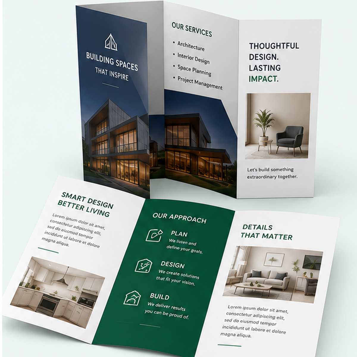 Professionally printed full-color tri-fold brochures displayed open and standing