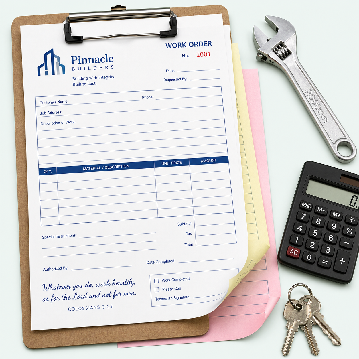 Custom carbonless NCR business form sets for invoices and work orders