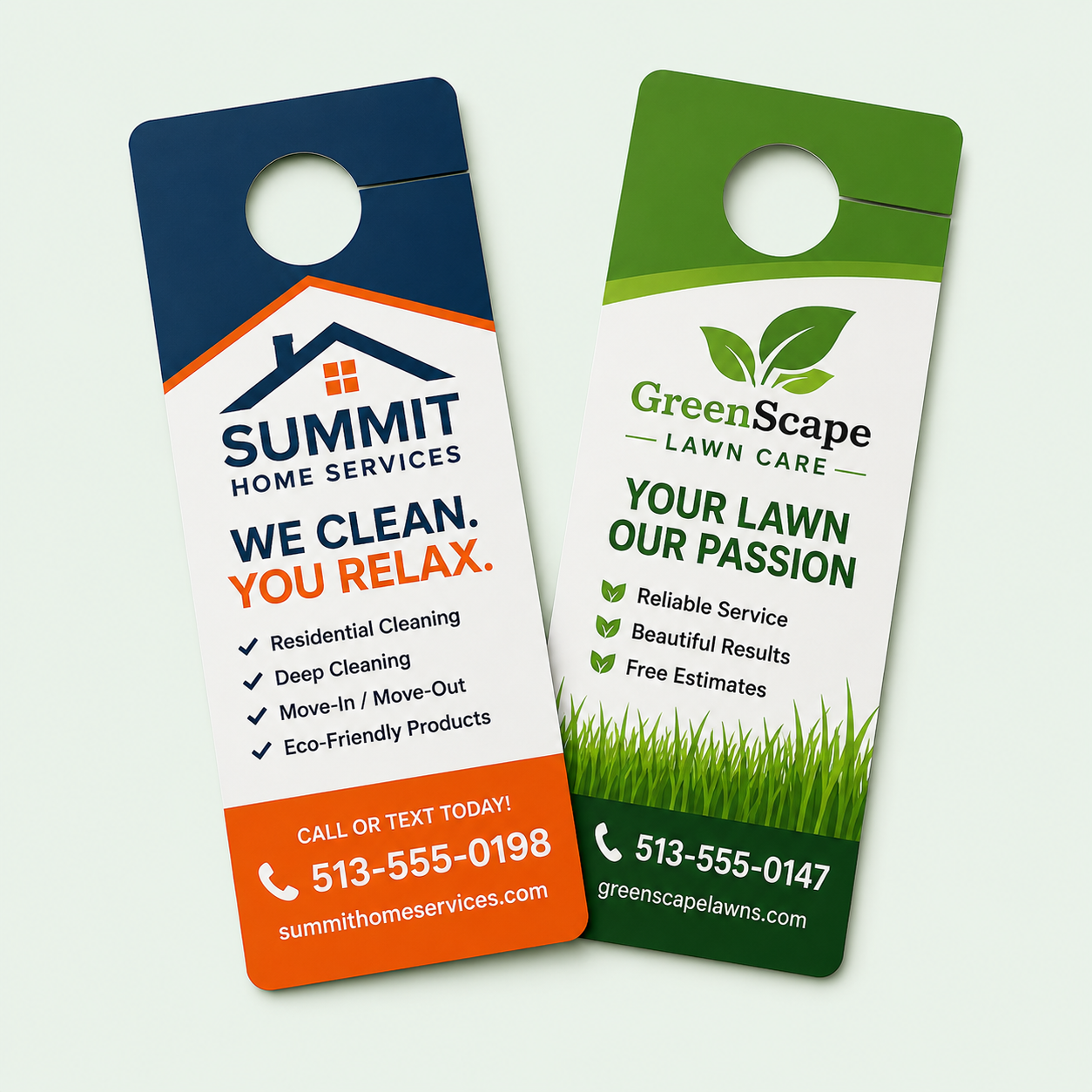 Two custom printed door hangers for home services and lawn care on a light green background