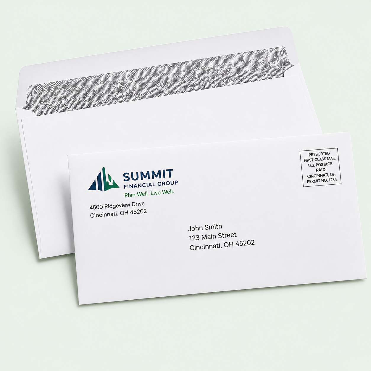 Two professionally printed business envelopes on a light green background