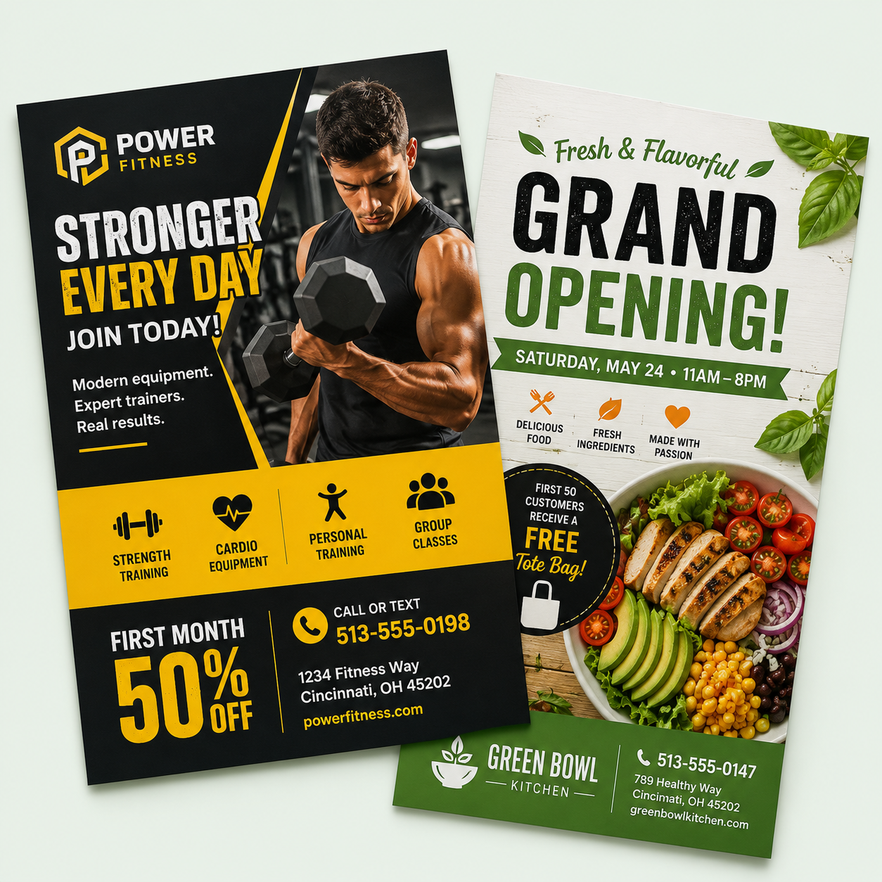 Two large custom printed flyers for an auto service business and wellness spa on a light green background