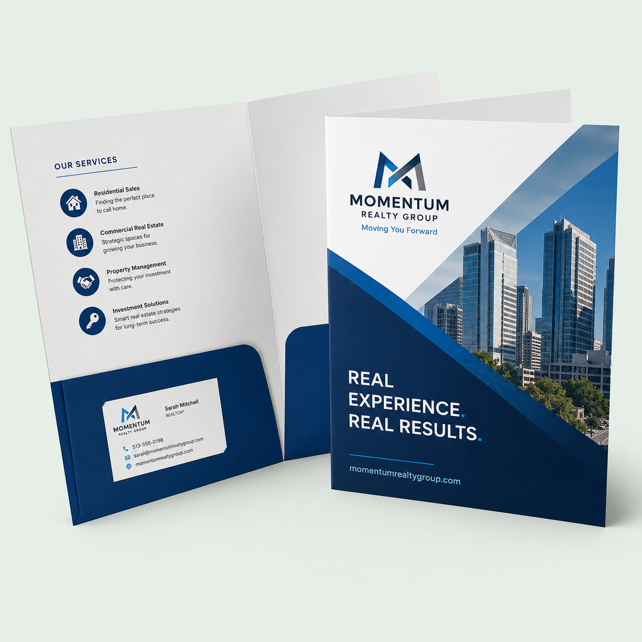 Custom presentation folders shown open with interior pockets and closed with premium full-color branding