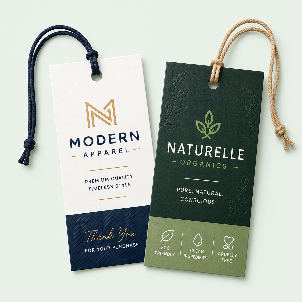 Two custom printed hang tags with premium navy and natural branding on a light green background
