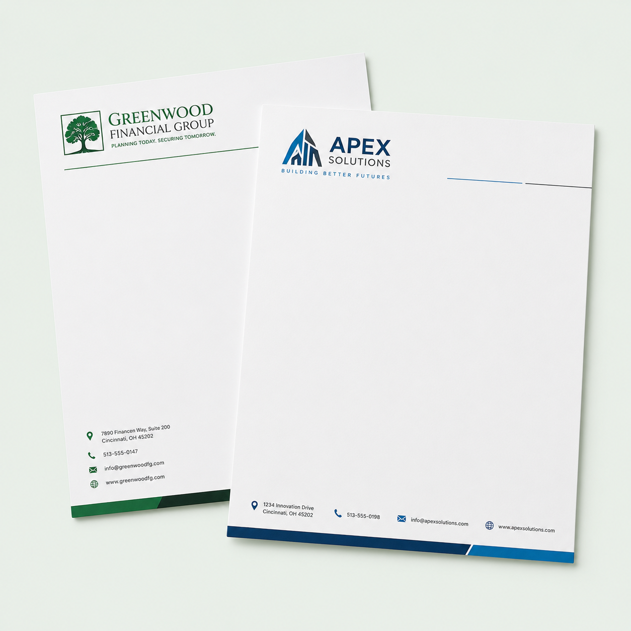 Two custom corporate letterheads with blue and green branding on a light green background