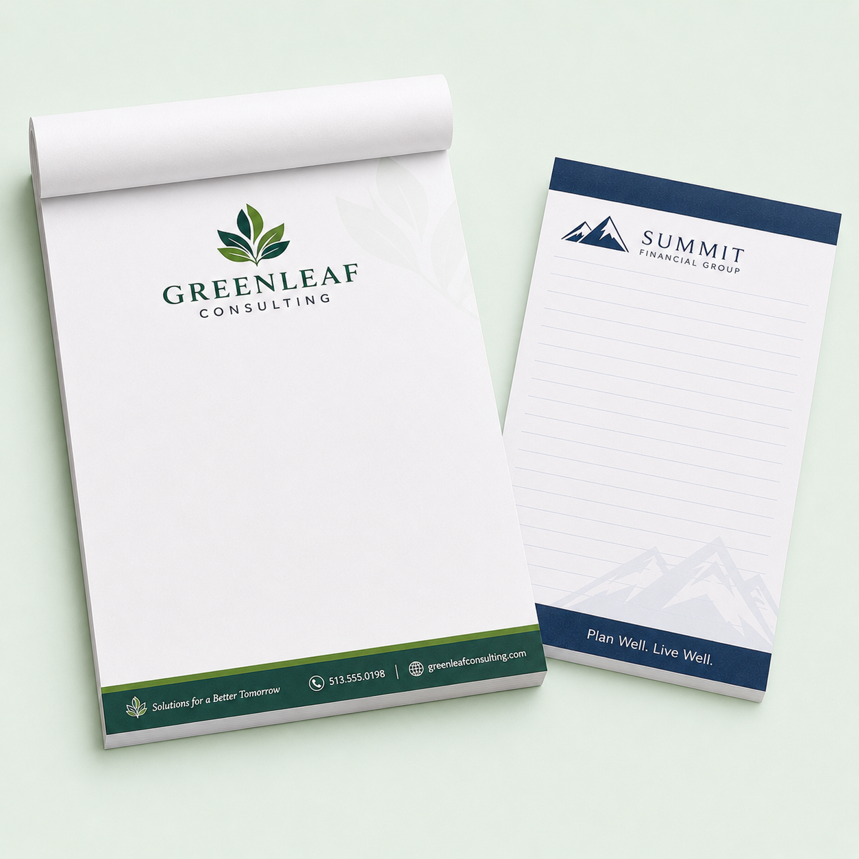 Two custom printed business notepads with branded designs