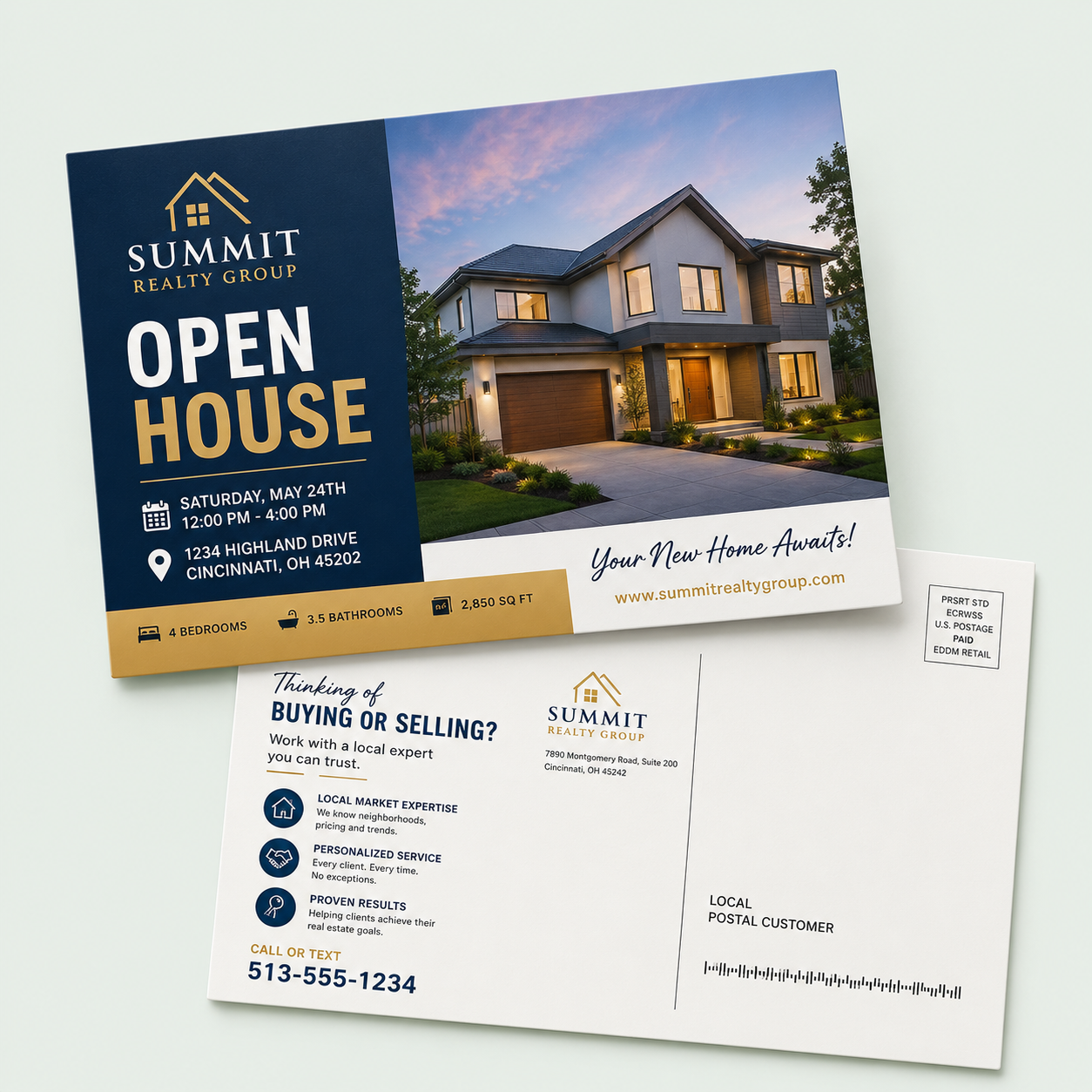 Two custom real estate postcards showing front and mailing-side designs on a light green background