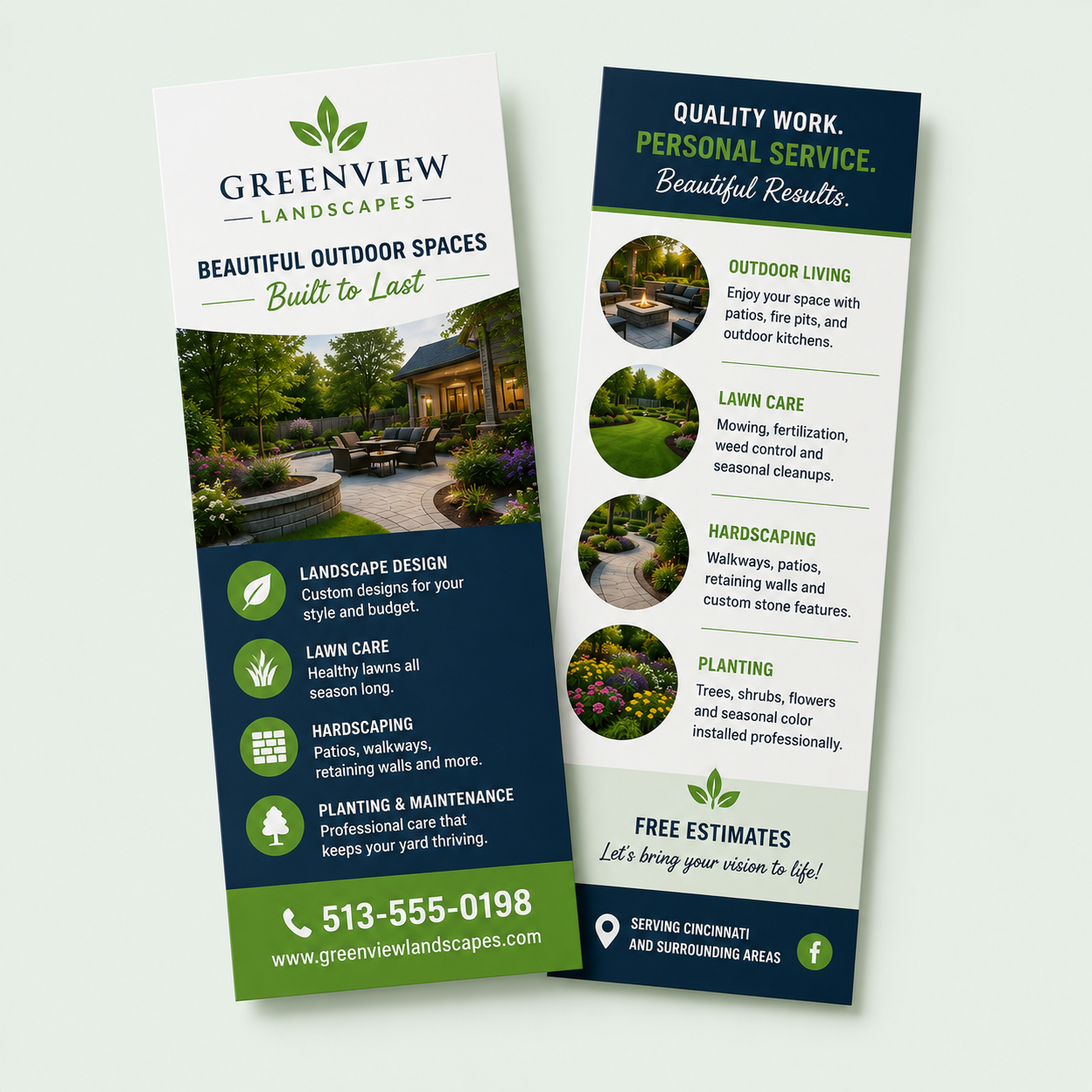 Two custom landscaping rack cards showing front and back designs on a light green background
