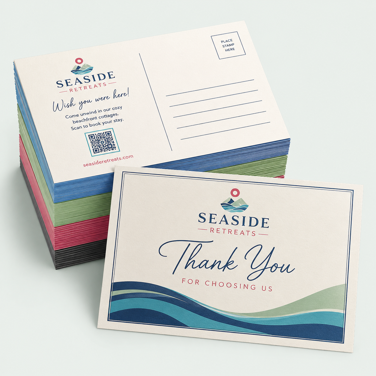 Trifecta postcards with layered colored edges and premium textured finish