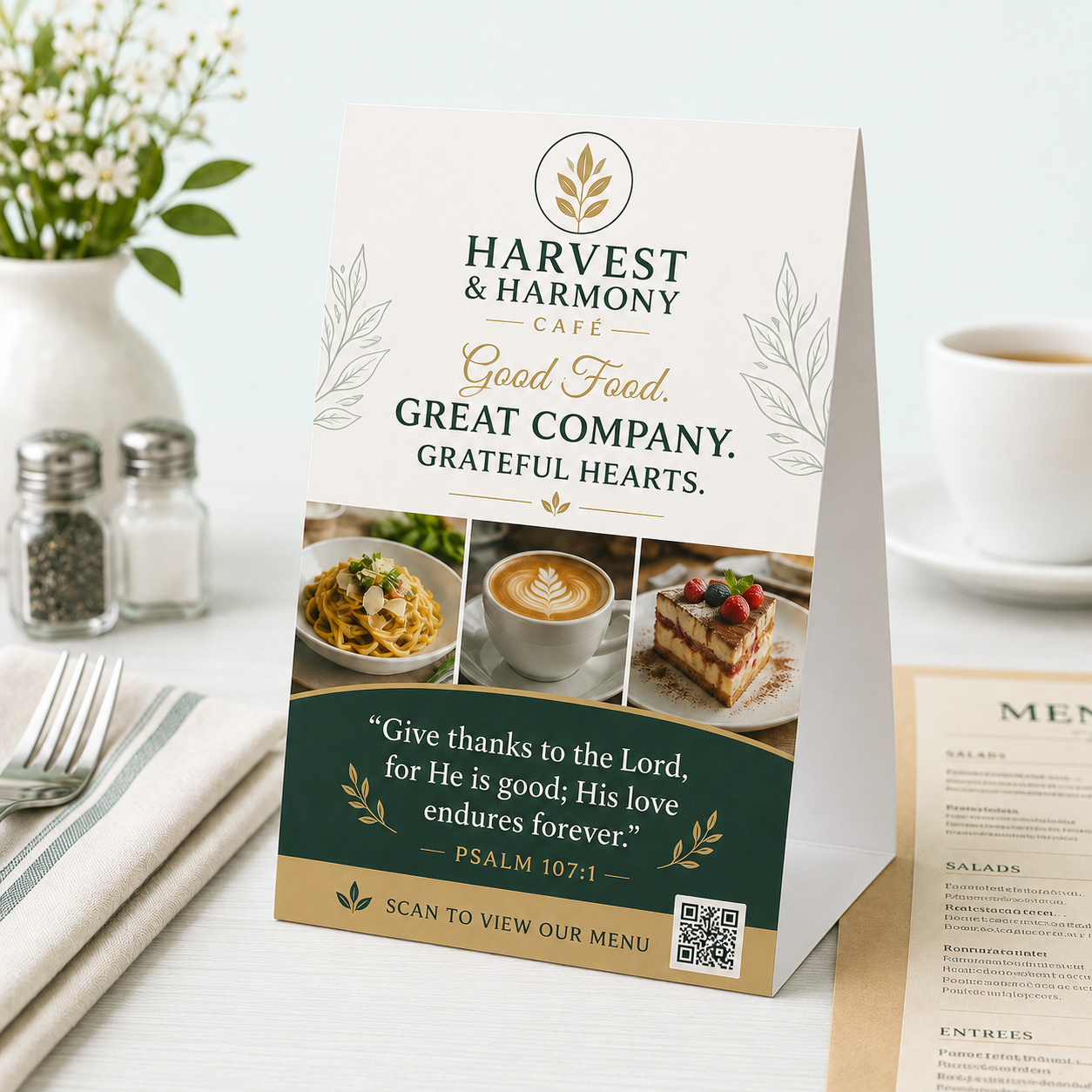 Custom printed tabletop tent card for promotions and menus
