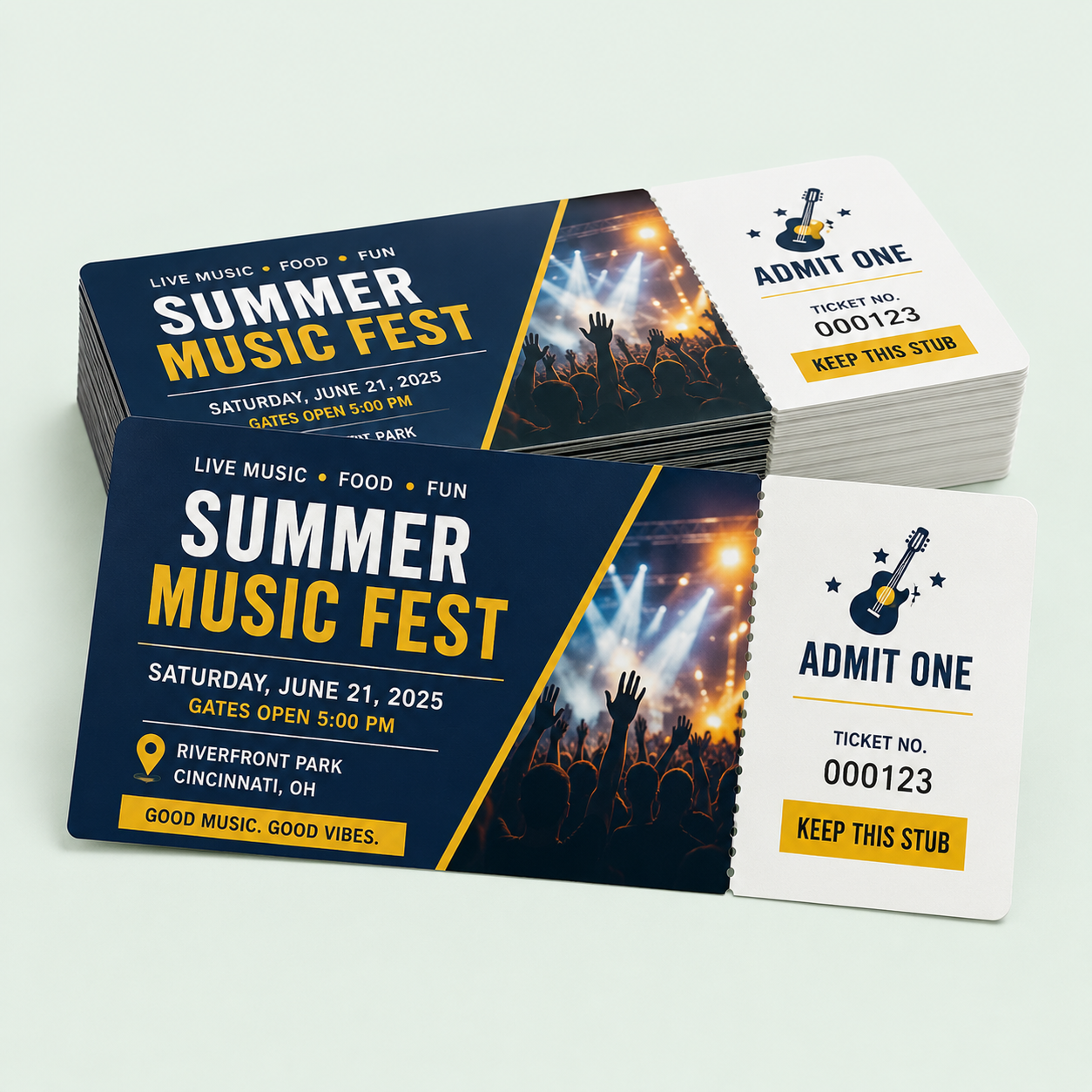 Two custom event tickets with perforated admission stubs on a light green background