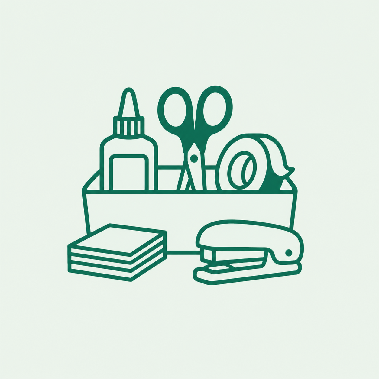 Business and print supplies including copy paper, envelopes, folders, shipping box and office accessories